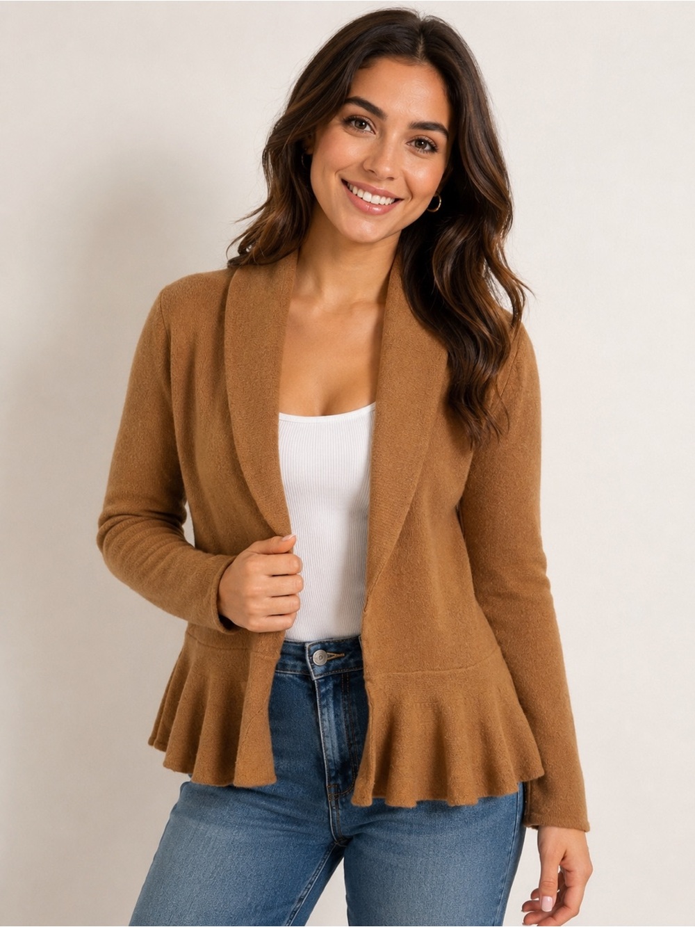 Fleur by David Rodriguez Vintage Camel Wool Blend Peplum Cardigan Sweater Large